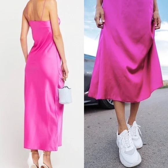 O.P.T. 90s Y2K Barbie Hot Pink‎ Satin V-Neck Sleeveless Midi Slip Dress Size M - Picture 9 of 13